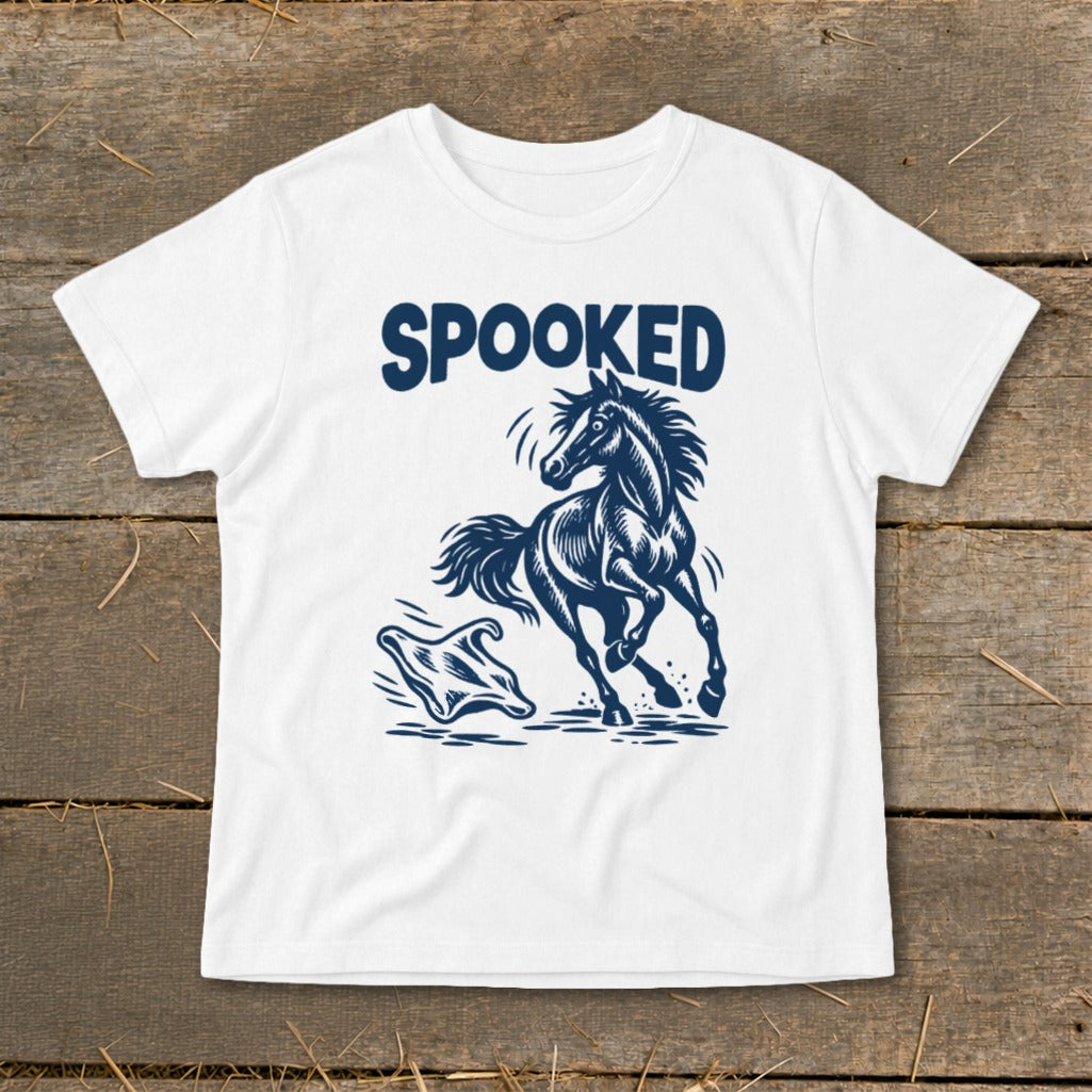 White t-shirt with "SPOOKED" text above a startled horse and a ghost.