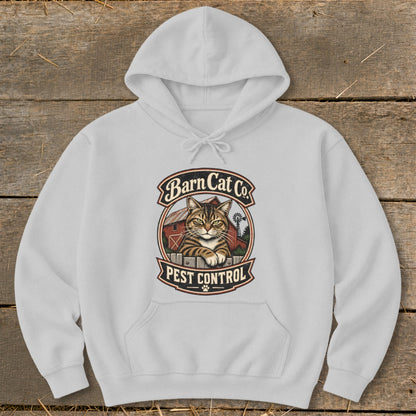 A light gray hooded sweatshirt with a Barn Cat Co Pest Control graphic on the front.