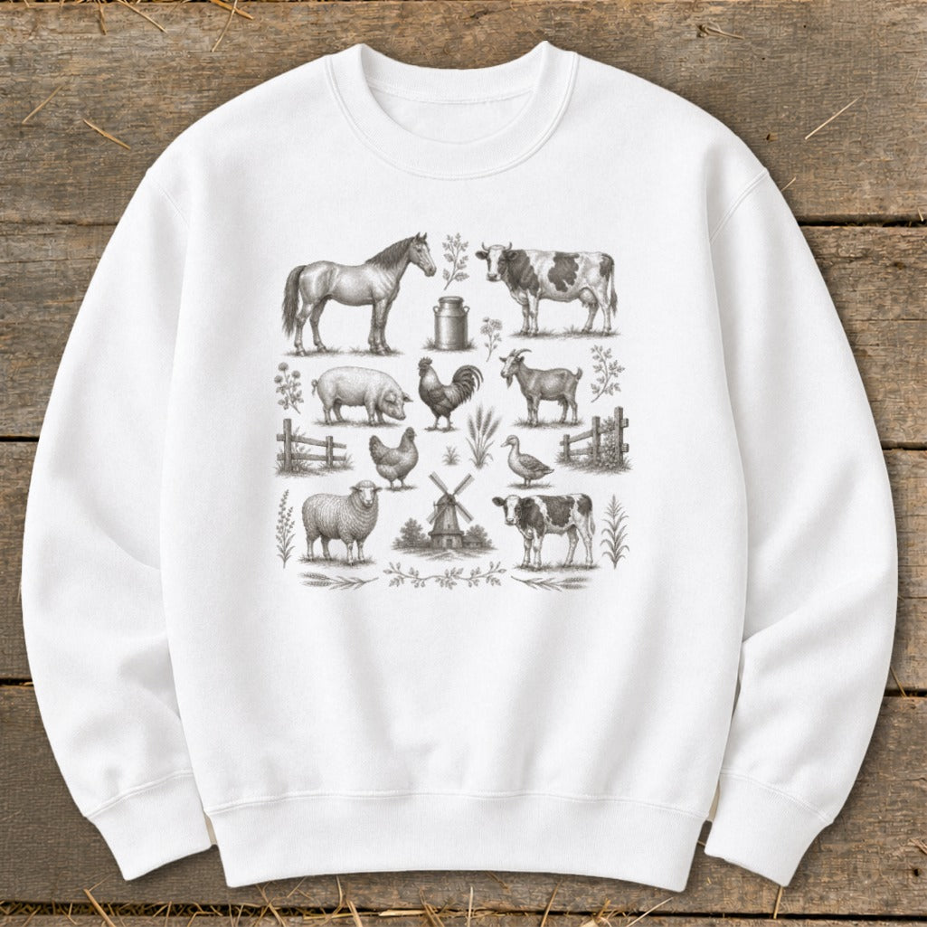 White sweatshirt with a black and white farm animal illustration including a horse, cow, pig, chicken, and sheep.