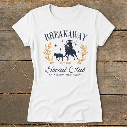 White t-shirt with "Breakaway Social Club" graphic and cowboy roping a calf.