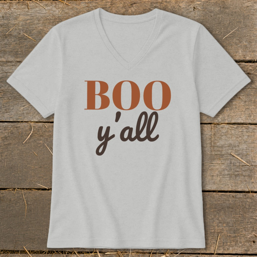 Light gray v-neck t-shirt with "BOO y'all" text.