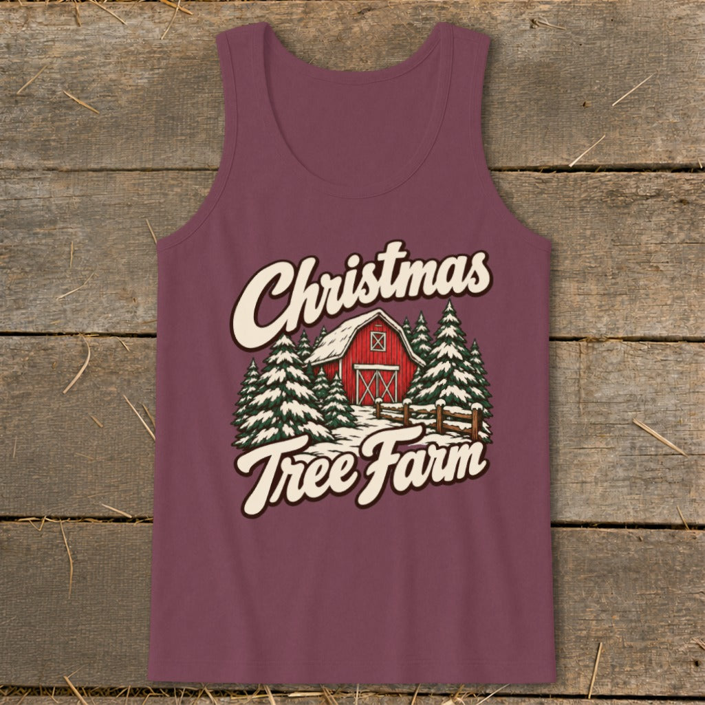 Burgundy tank top with "Christmas Tree Farm" text and barn illustration.