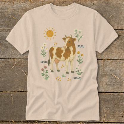 T-shirt with a brown and white cow surrounded by flowers and a sun illustration.