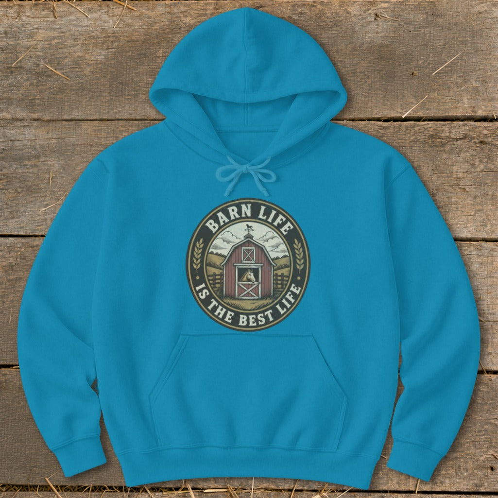 Blue hoodie with a circular graphic of a barn, horse, and text "Barn Life Is The Best Life".