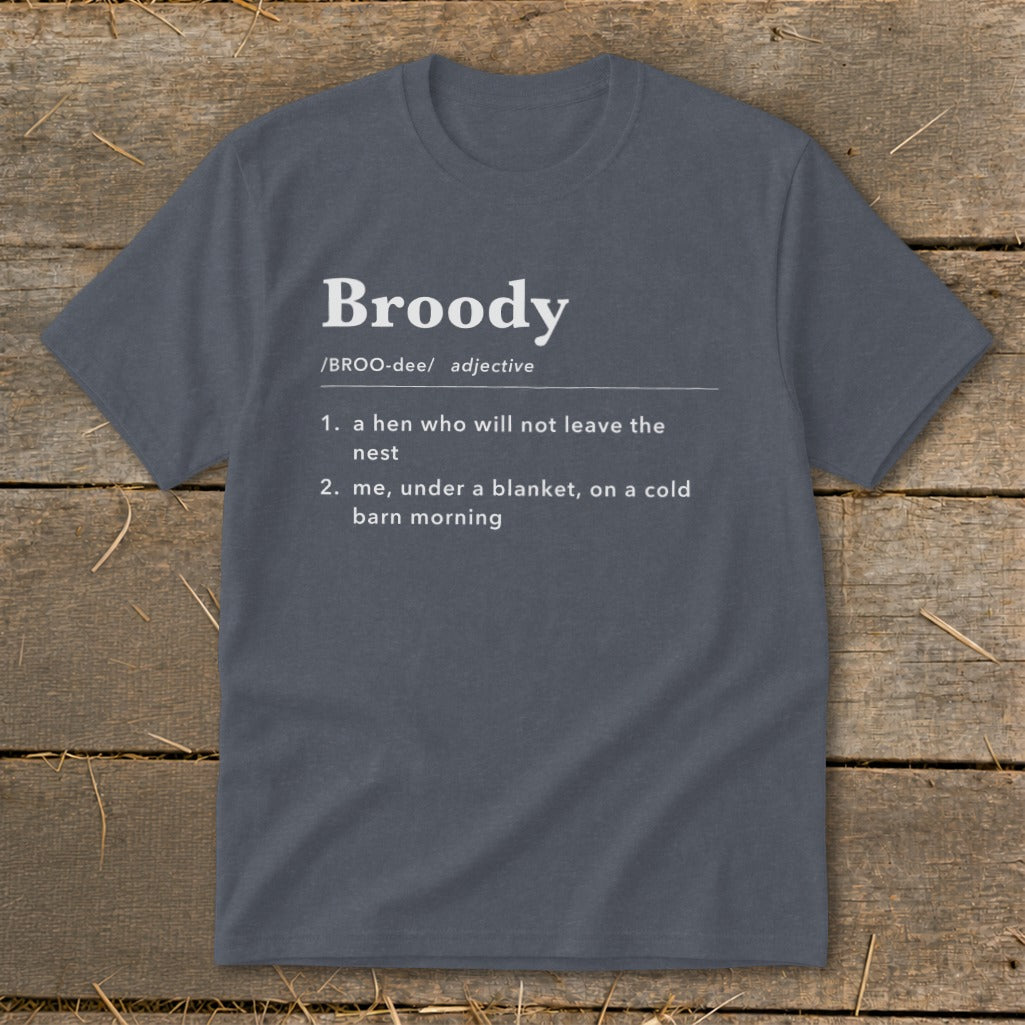 Dark gray t-shirt with "Broody" definition and two meanings.