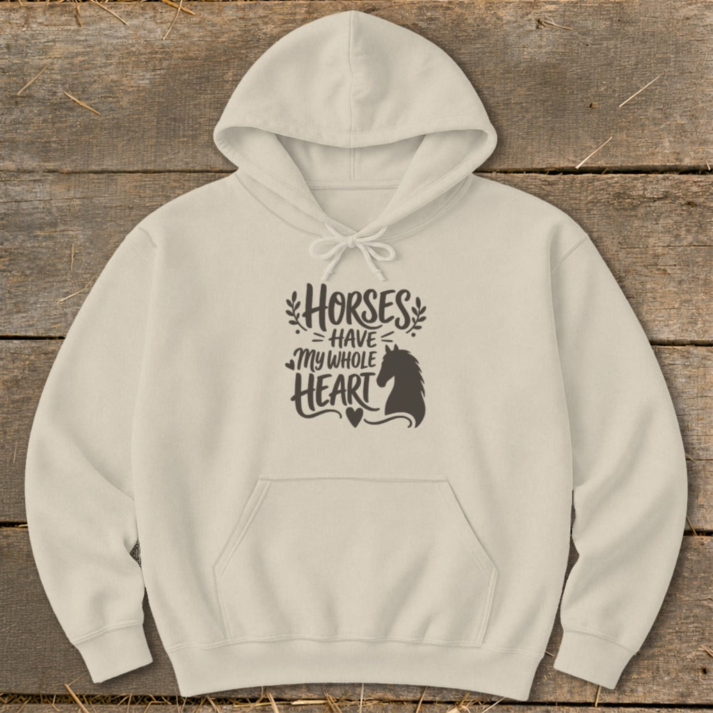 Cream hoodie with "Horses Have My Whole Heart" text and horse silhouette graphic.