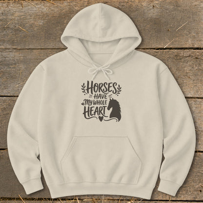 Cream hoodie with "Horses Have My Whole Heart" text and horse silhouette graphic.