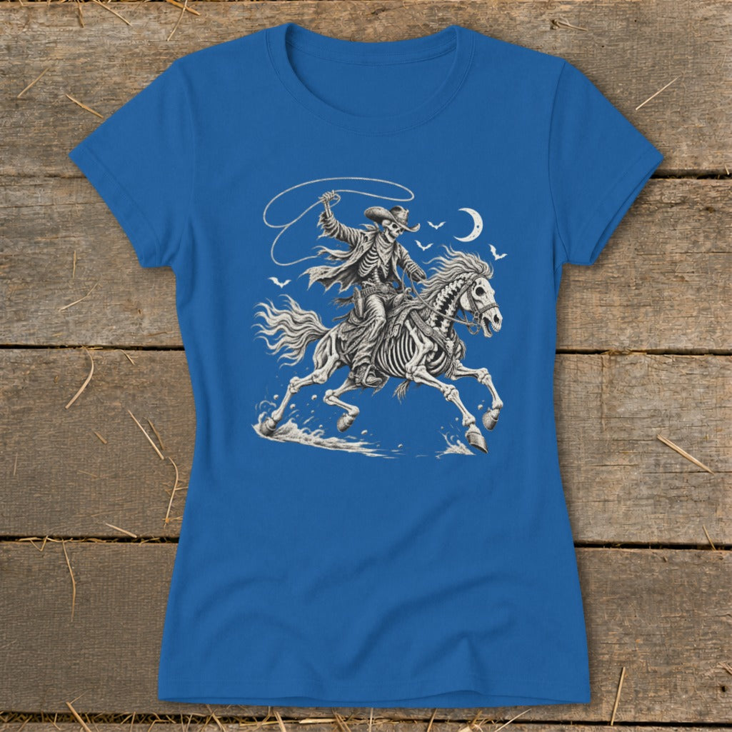 Skeleton cowboy on a skeleton horse with a lasso under a crescent moon.
