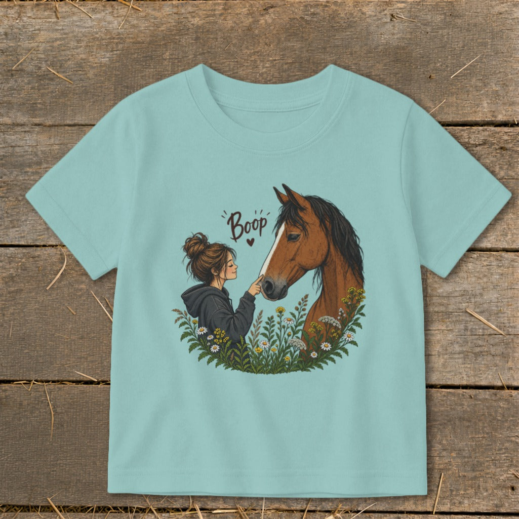 Girl booping a brown horse's nose with wildflowers and text "Boop".
