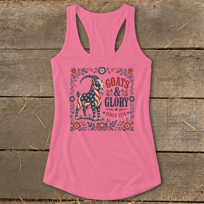 Pink tank top with a goat graphic and "Goats & Glory Since 1776" text.