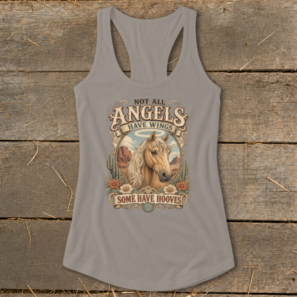 Tank top with a horse portrait and text "Not all angels have wings, some have hooves."