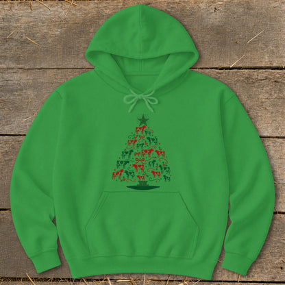 Green hoodie with a Christmas tree made of red and black cows and a star.