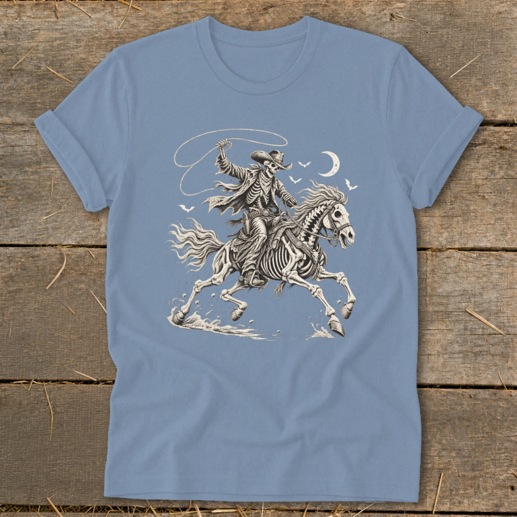 Skeleton cowboy on a galloping skeleton horse with lasso and crescent moon.
