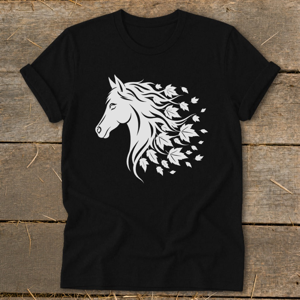 Black t-shirt with a white horse head graphic and falling leaves.