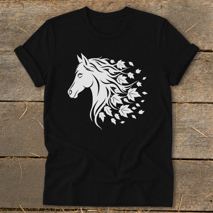 Black t-shirt with a white horse head graphic and falling leaves.