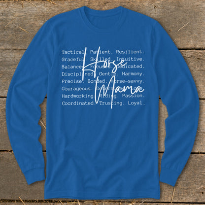 Blue long sleeve shirt with "Horse Mama" and descriptive words in white text.