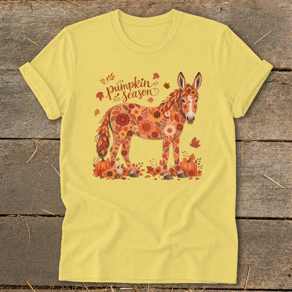 Yellow t-shirt with a donkey made of flowers and "Pumpkin Season" text.