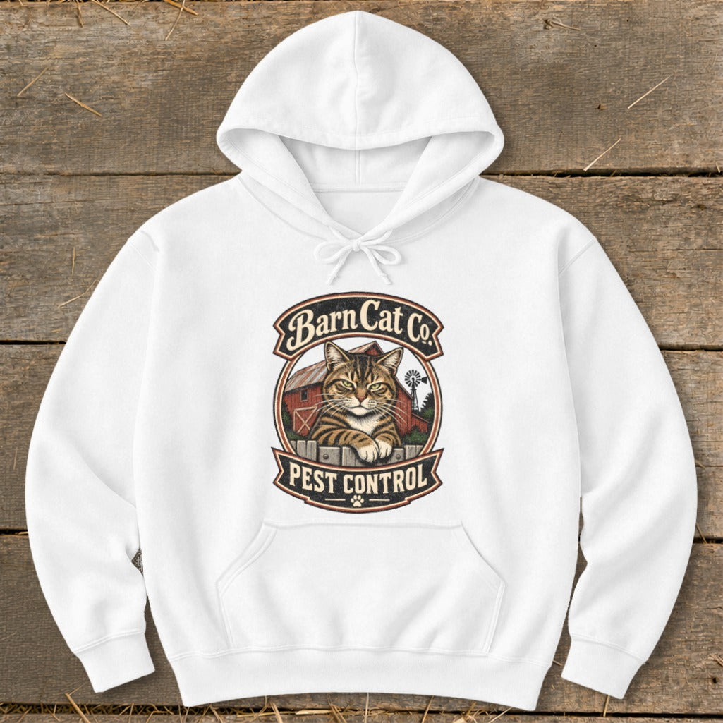A white hoodie with a circular graphic of a tabby cat and the text Barn Cat Co. Pest Control.