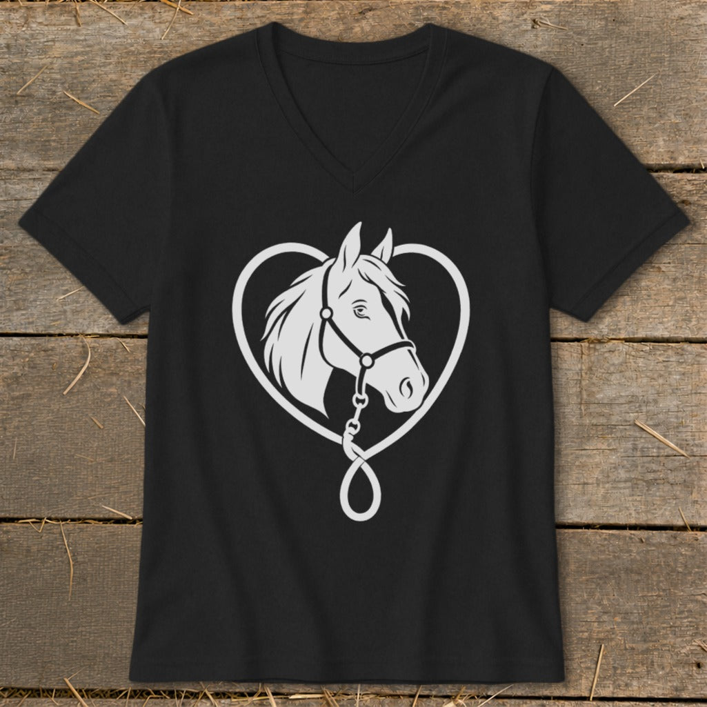 Black V-neck t-shirt featuring a white graphic of a horse head inside a heart-shaped rope outline.
