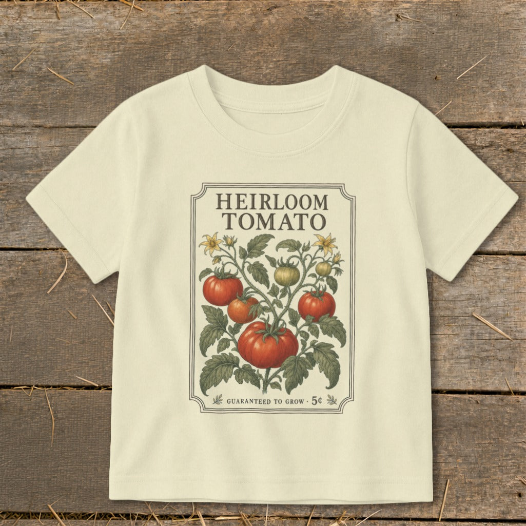 Cream t-shirt with heirloom tomato plant graphic and "Guaranteed to Grow 5c" text.