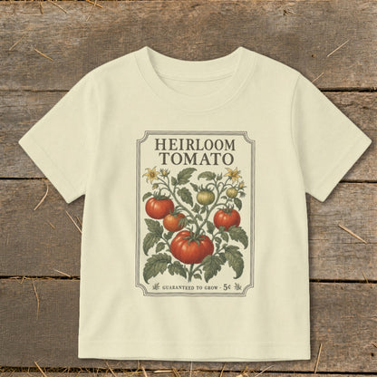 Cream t-shirt with heirloom tomato plant graphic and "Guaranteed to Grow 5c" text.