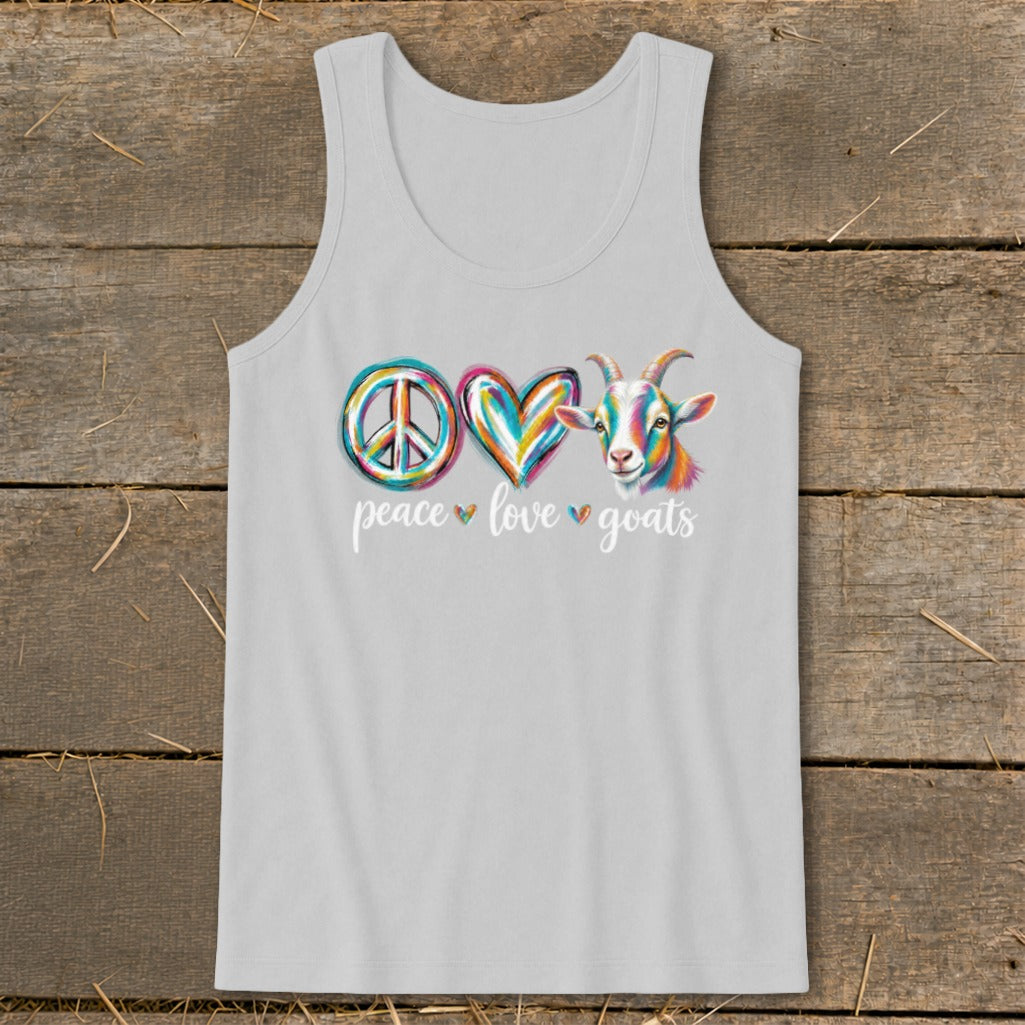 Gray tank top with a colorful peace sign, heart, and goat illustration.