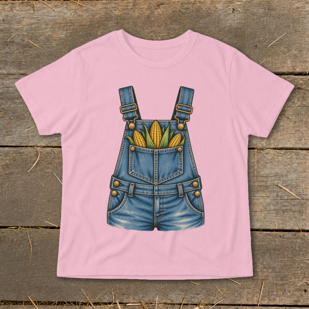 Pink t-shirt with denim overalls graphic and three ears of corn in the pocket.