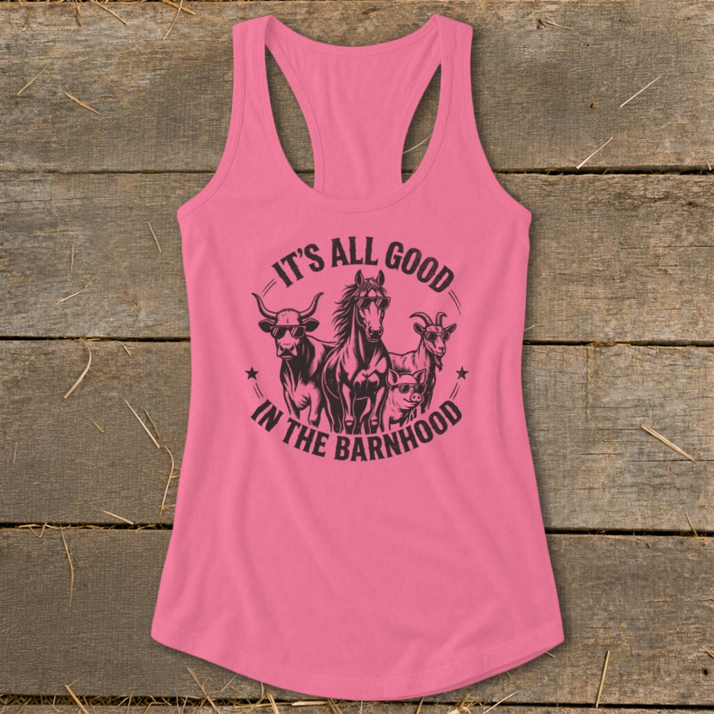 Pink tank top with "It's All Good In The Barnhood" and farm animals graphic.