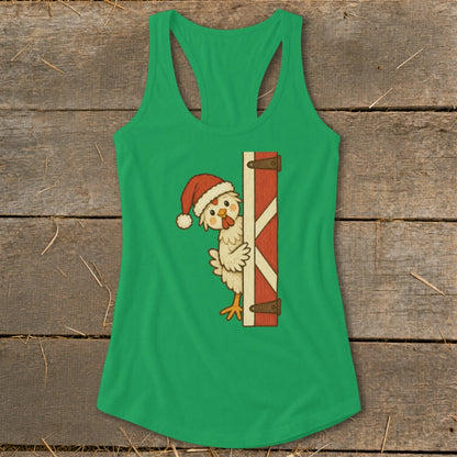 Green tank top with a cartoon chicken wearing a Santa hat peeking from behind a barn door.