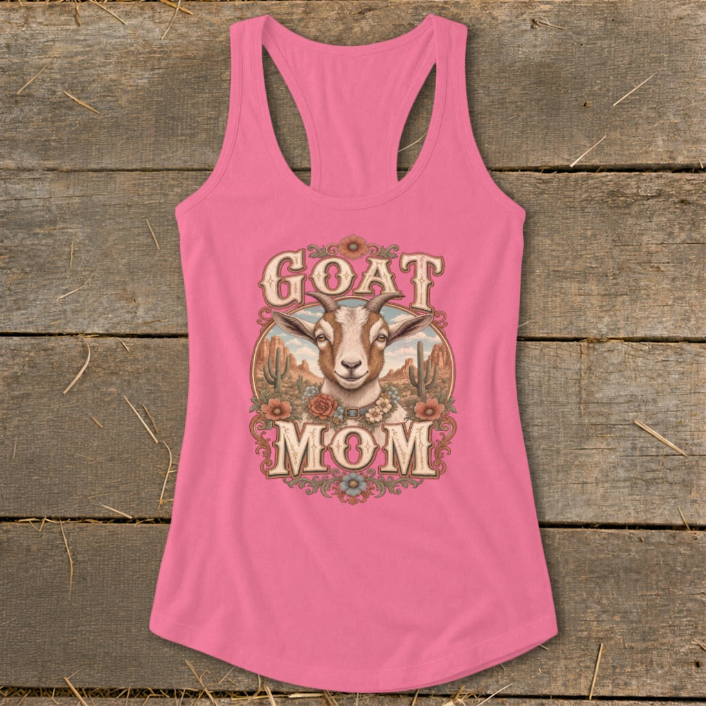 Pink tank top with a goat and desert scene, reading "Goat Mom".