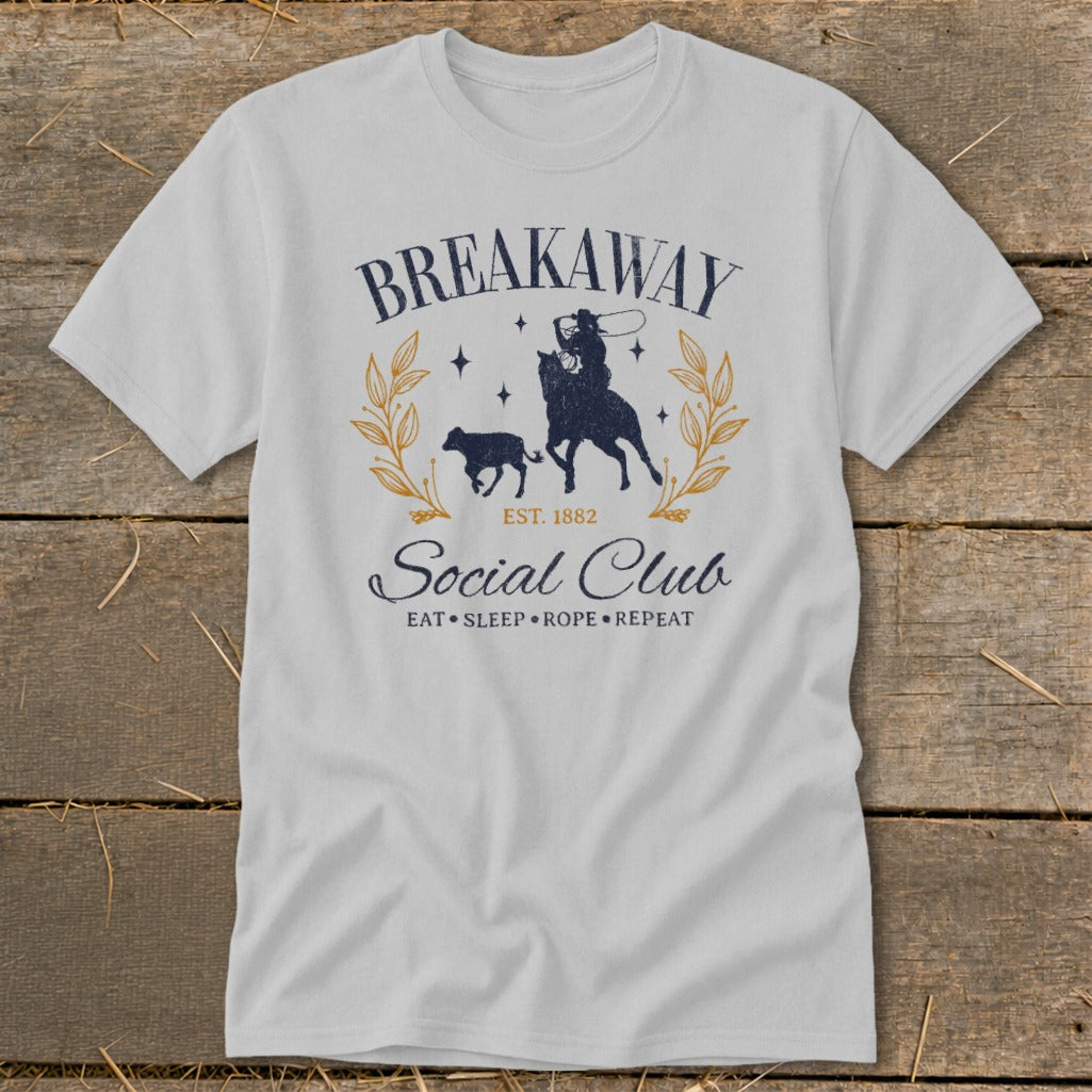 Light gray t-shirt with "Breakaway Social Club" and rodeo graphic.