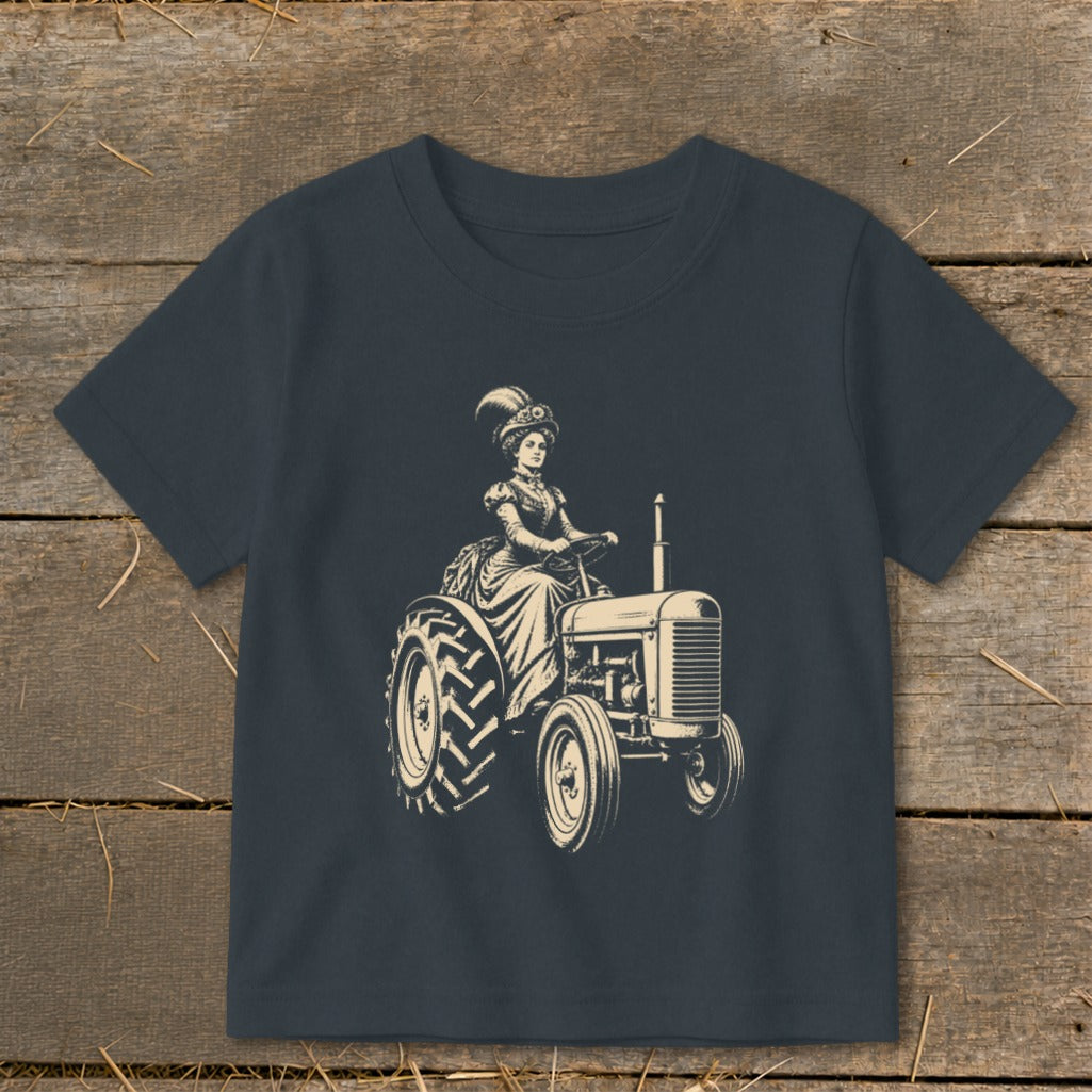 Illustration of a woman in historical attire driving a tractor.