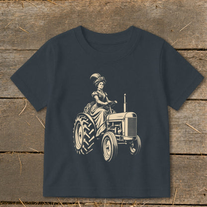 Illustration of a woman in historical attire driving a tractor.