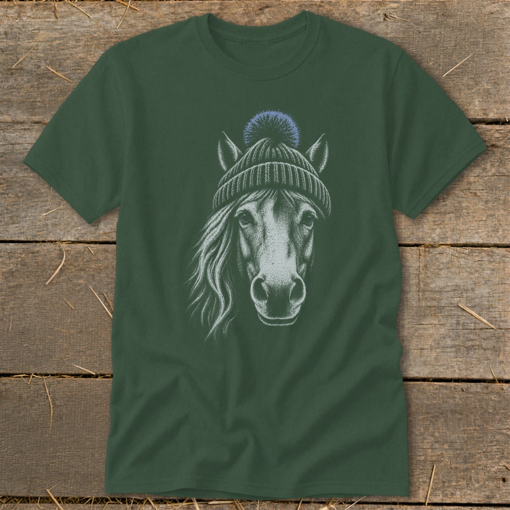 Horse with a knitted beanie and pom-pom on dark green t-shirt.