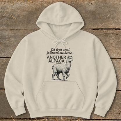 Cream hoodie with "Oh look what followed me home... ANOTHER ALPACA" text and alpaca illustration.