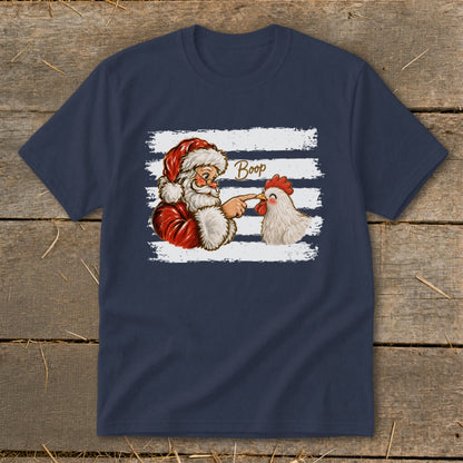 Santa booping a chicken with "Boop" text on a navy t-shirt.