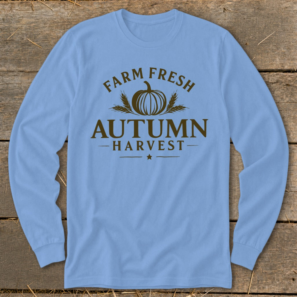 Light blue long-sleeve shirt with "Farm Fresh Autumn Harvest" text and pumpkin graphic.