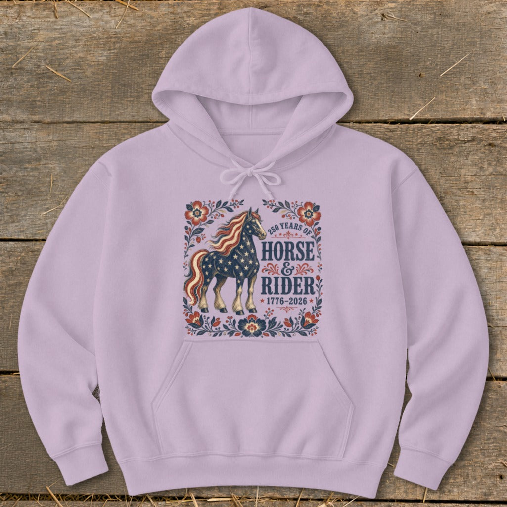 Hoodie with 250 Years of Horse & Rider graphic, featuring an American flag horse.