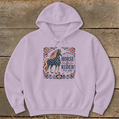 Hoodie with 250 Years of Horse & Rider graphic, featuring an American flag horse.