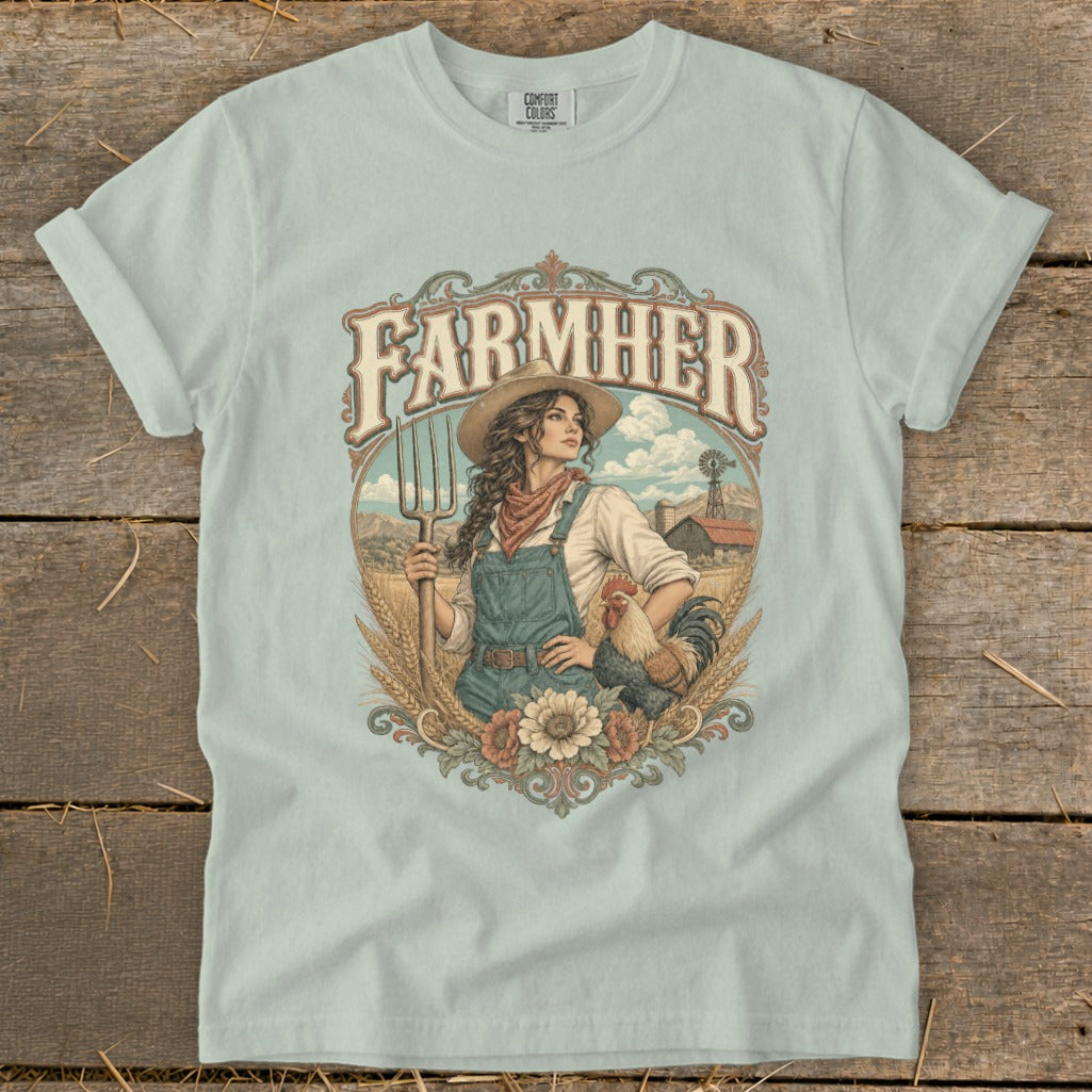 Farmer graphic with woman, rooster, fields, and barn text "FARM HER".