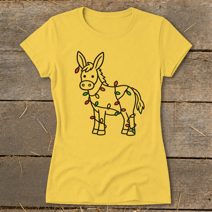 Yellow t-shirt with a black outline drawing of a donkey wrapped in holiday lights.