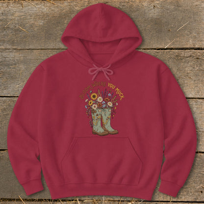 Maroon hoodie with a graphic of gardening boots overflowing with flowers and text.