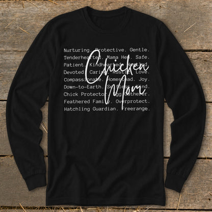 Black long-sleeve shirt with "Chicken Mom" in script and descriptive words.