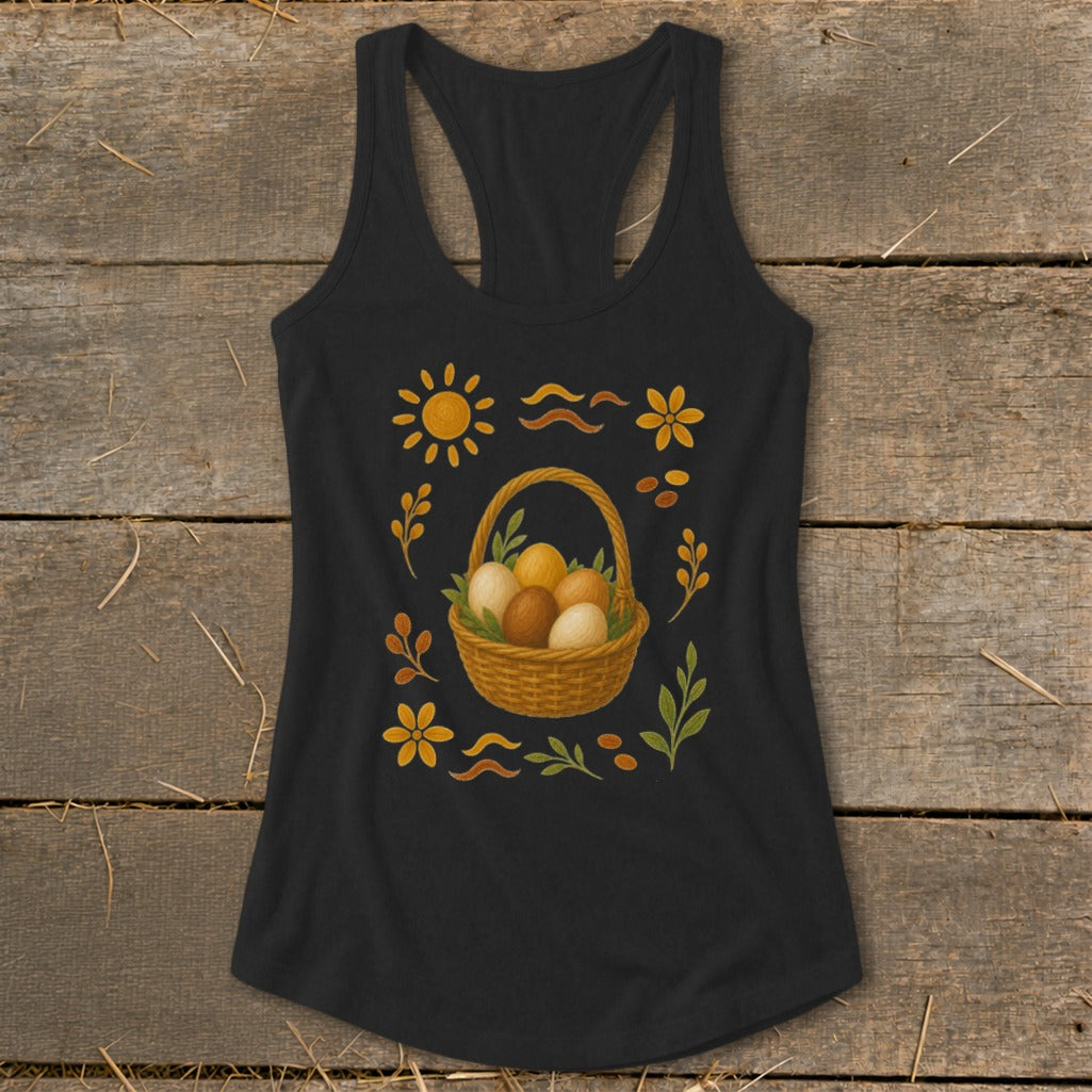 Black tank top with an Easter basket full of eggs and surrounding floral motifs.