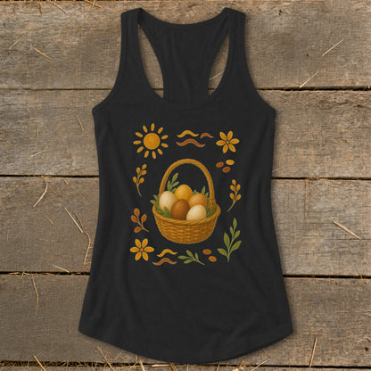 Black tank top with an Easter basket full of eggs and surrounding floral motifs.