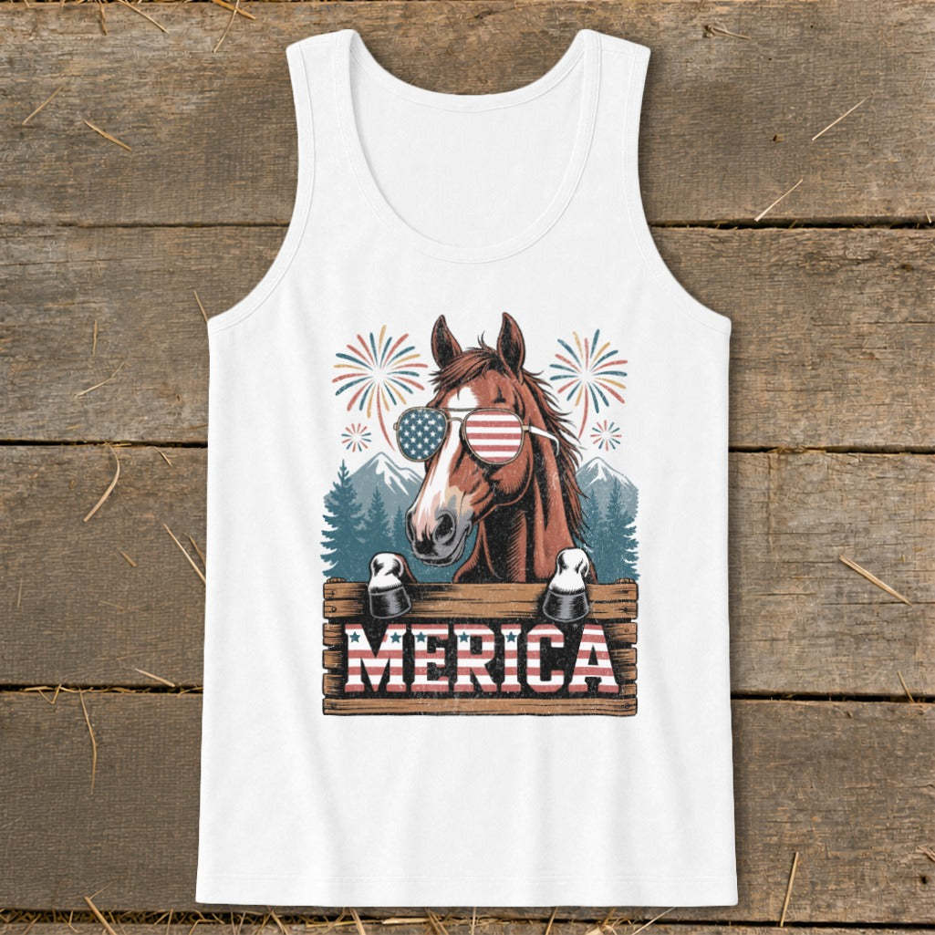 Horse wearing American flag sunglasses with fireworks and "MERICA" text.