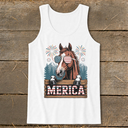 Horse wearing American flag sunglasses with fireworks and "MERICA" text.