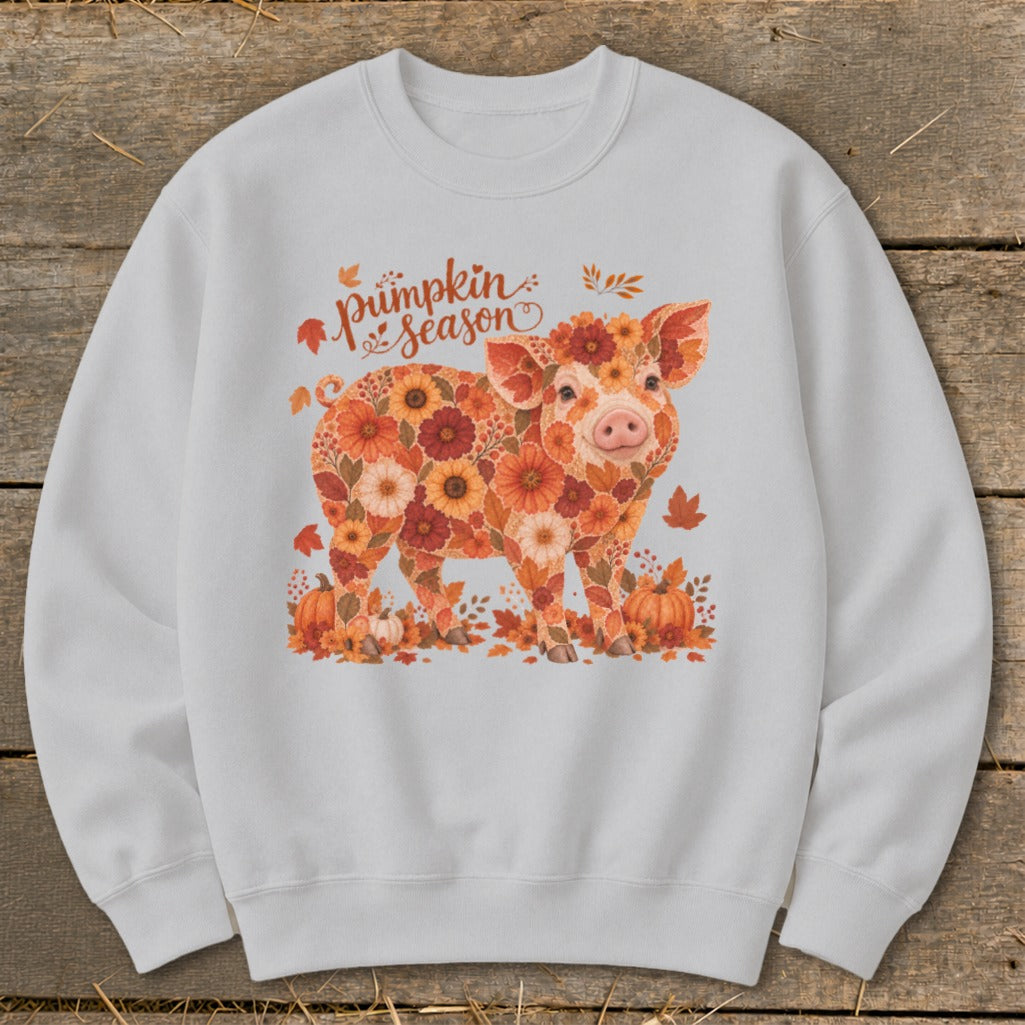 Floral pig graphic with "Pumpkin Season" text on a light gray sweatshirt.