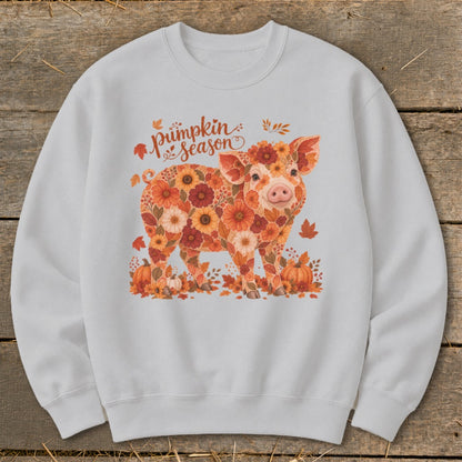 Floral pig graphic with "Pumpkin Season" text on a light gray sweatshirt.
