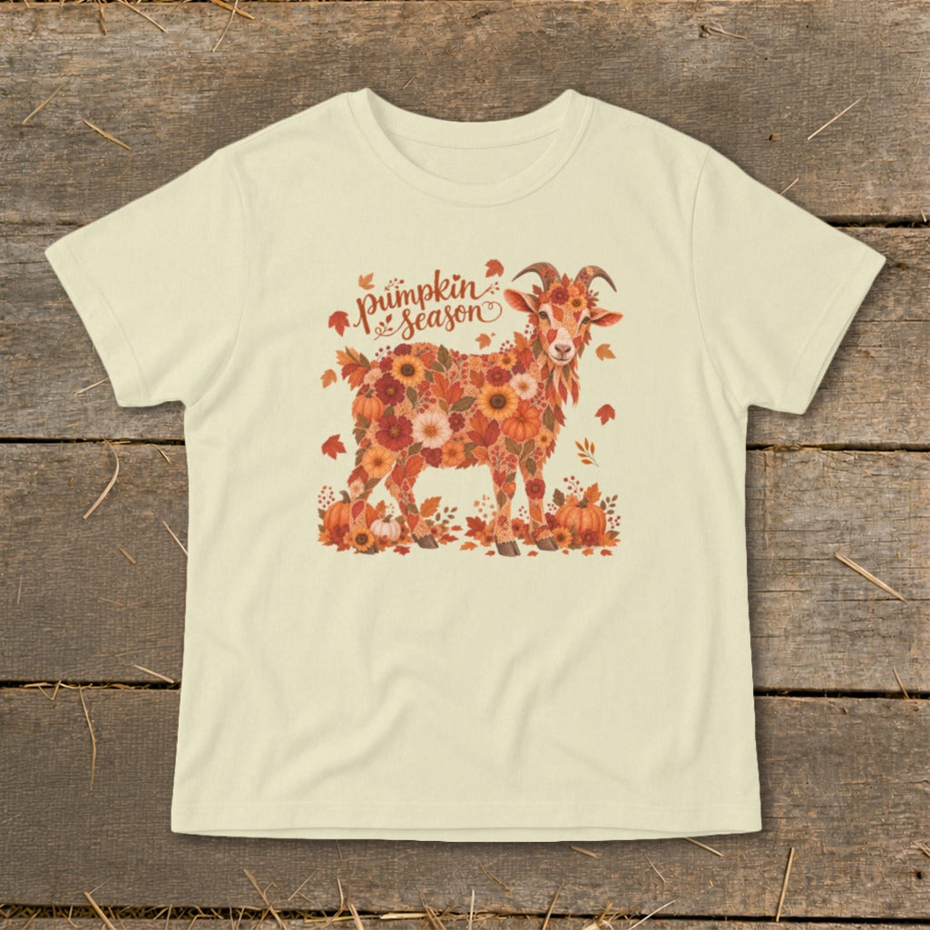 Cream t-shirt with a goat made of fall flowers and pumpkins, text reads "pumpkin season."